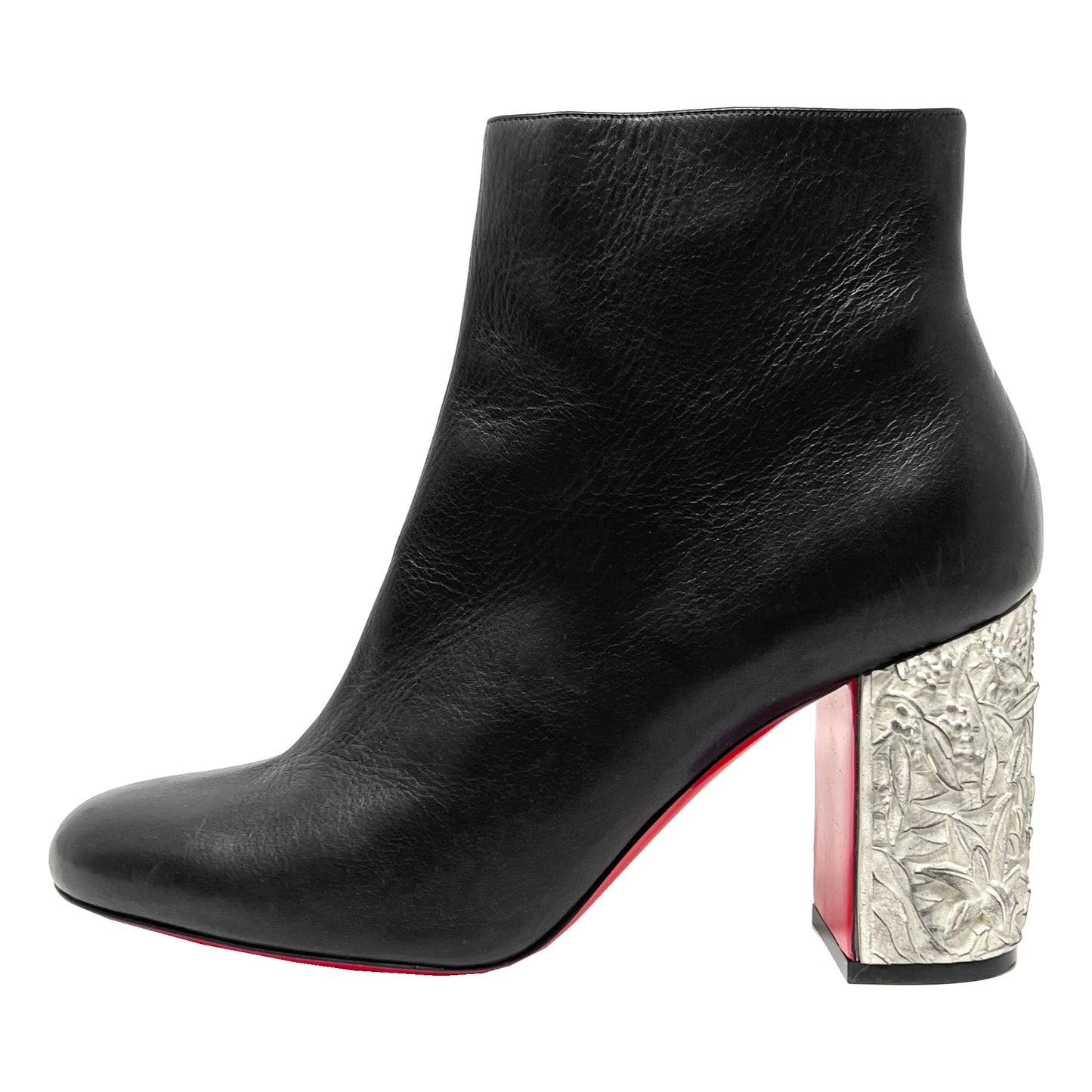 Christian Louboutin Bas Relief Pietra 85 Black Leather Carved Block Heel Ankle Boots
