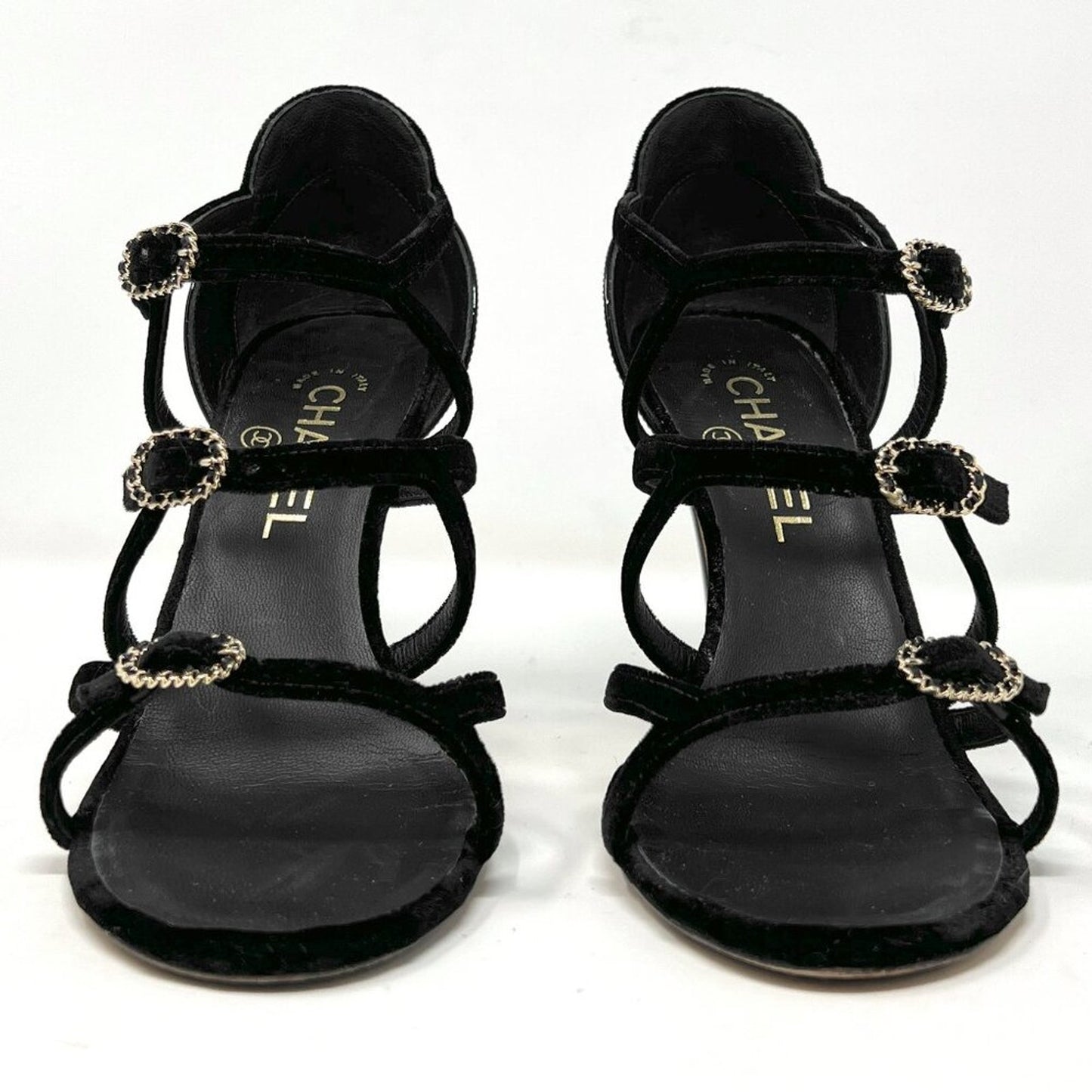 Chanel Black Velvet & Patent Leather Buckle Strappy Sandals – Size 37