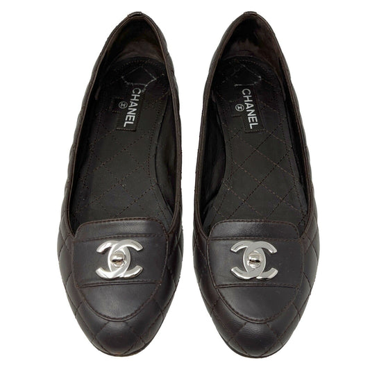 Chanel 2011 Quilted Brown Leather Silver Hardware Turn lock Logo Loafers Flats