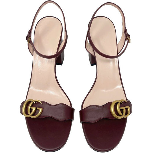 Gucci Marmont Bordeaux Leather Block Heel Sandals with Logo