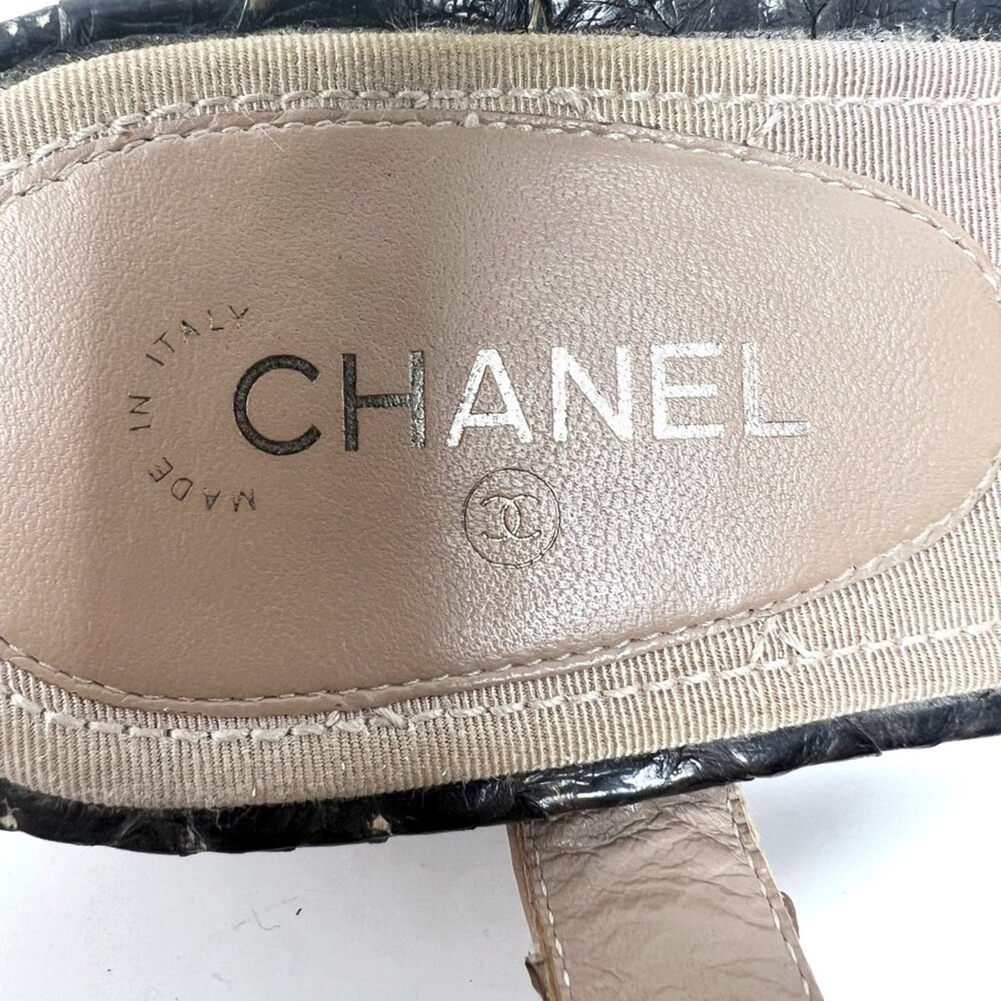 Chanel Python Leather CC Logo T-Strap Sandals Tan/Black EU39.5