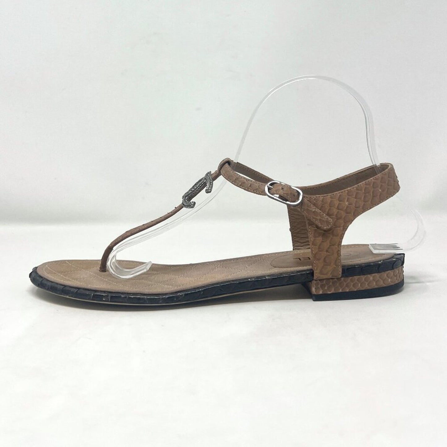 Chanel Python Leather CC Logo T-Strap Sandals Tan/Black EU39.5