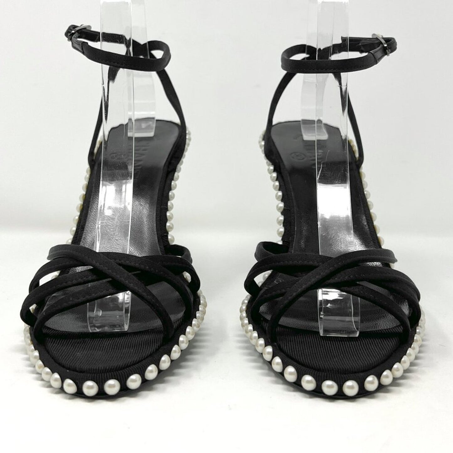 Chanel Vintage Black Satin Pearl-Lined Strappy Sandals – Size 38.5