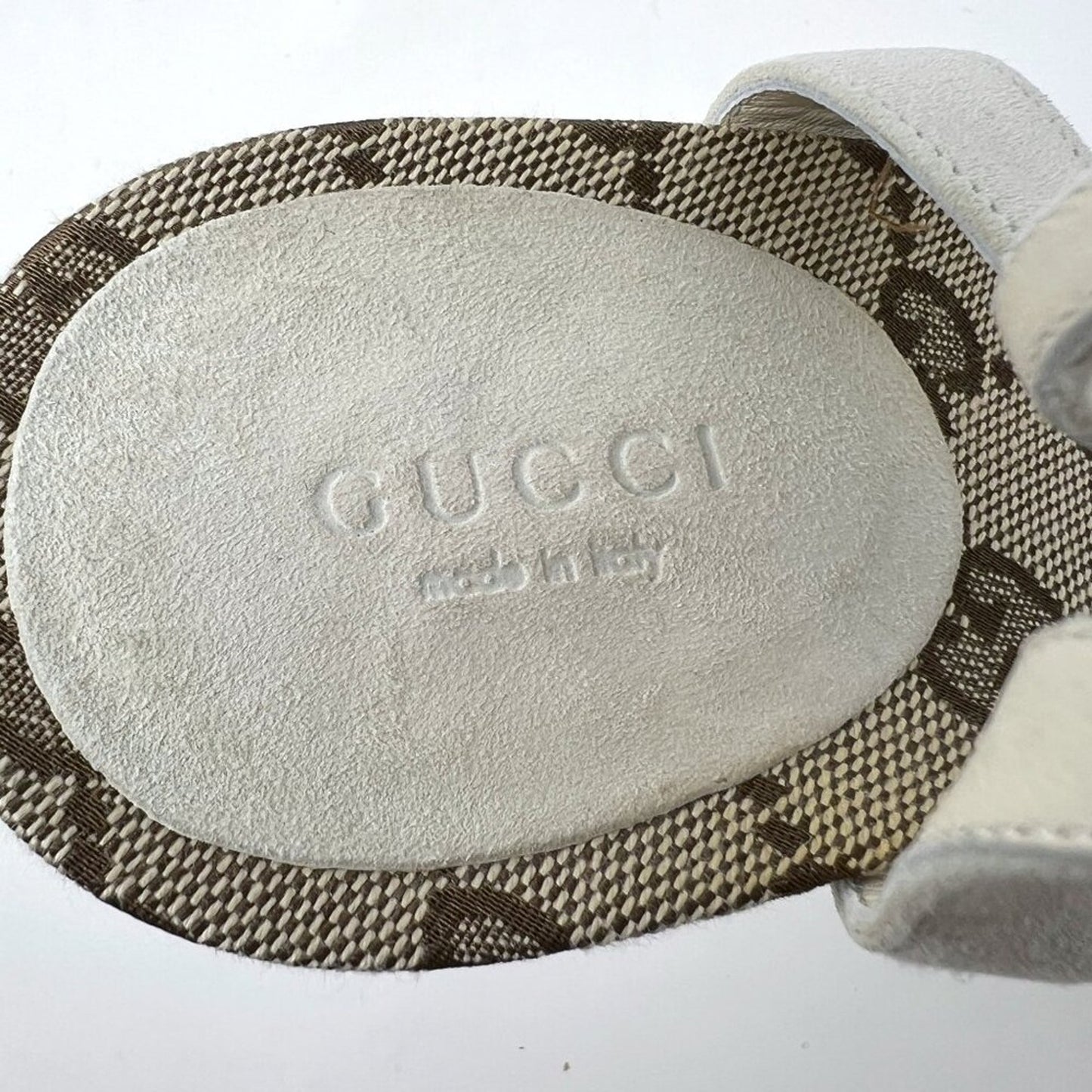 Gucci Mystic White Suede GG Monogram Strappy Stiletto Sandals 8.5B