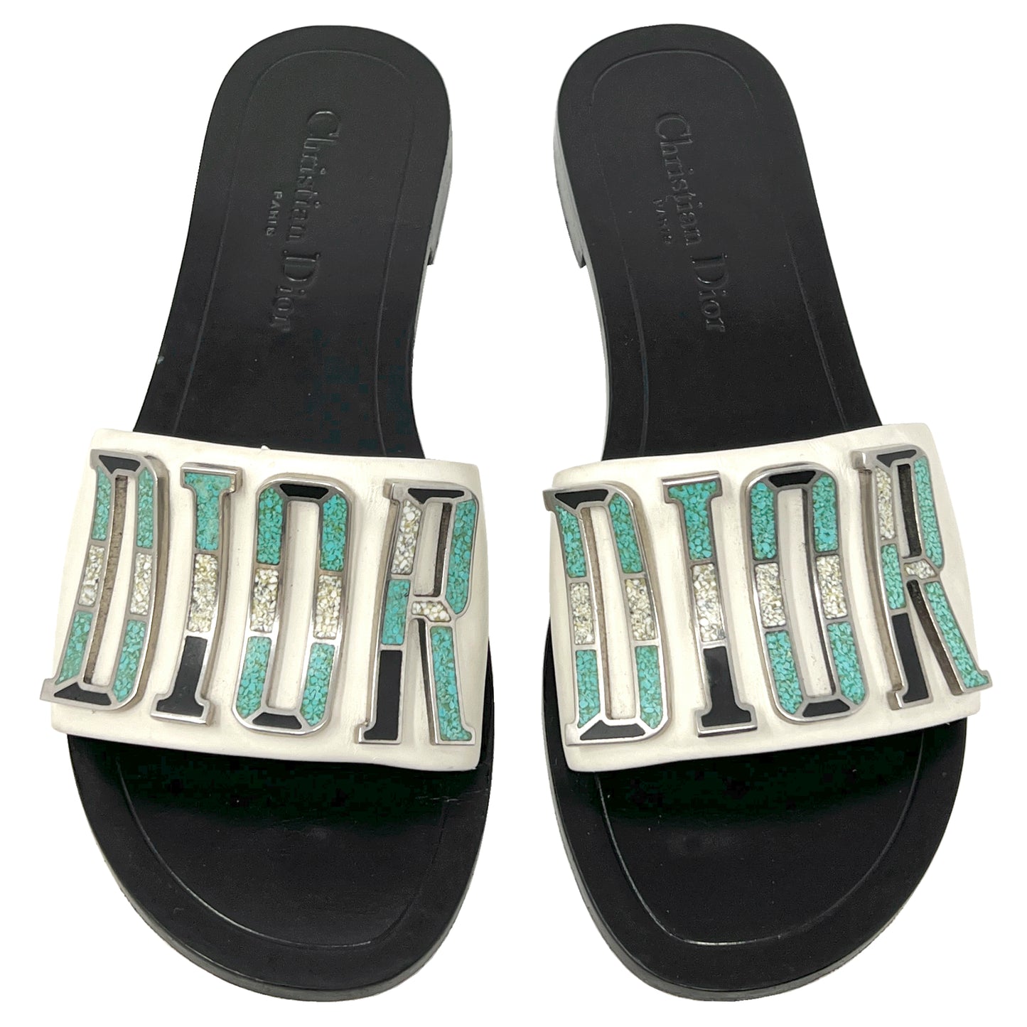 Dior Diorevolution Beige Leather Turquoise Stone Logo Flat Sandals Slides