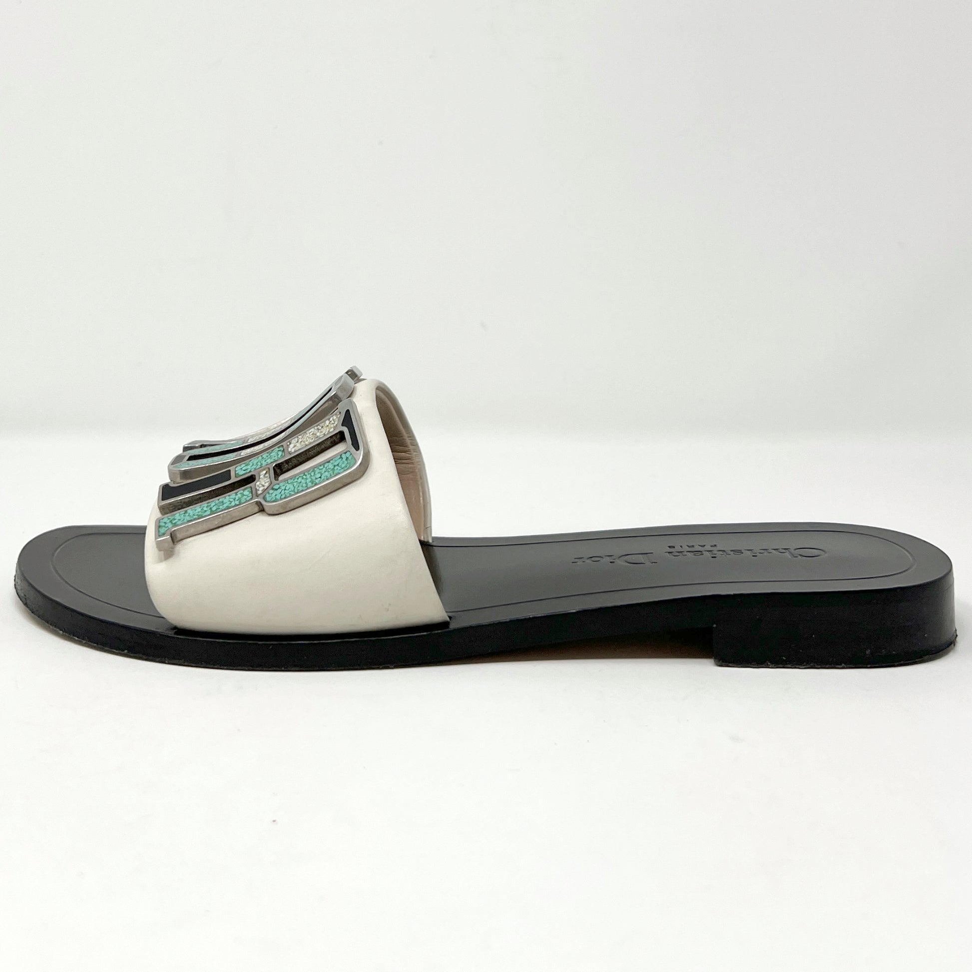 Dior Diorevolution Beige Leather Turquoise Stone Logo Flat Sandals Slides