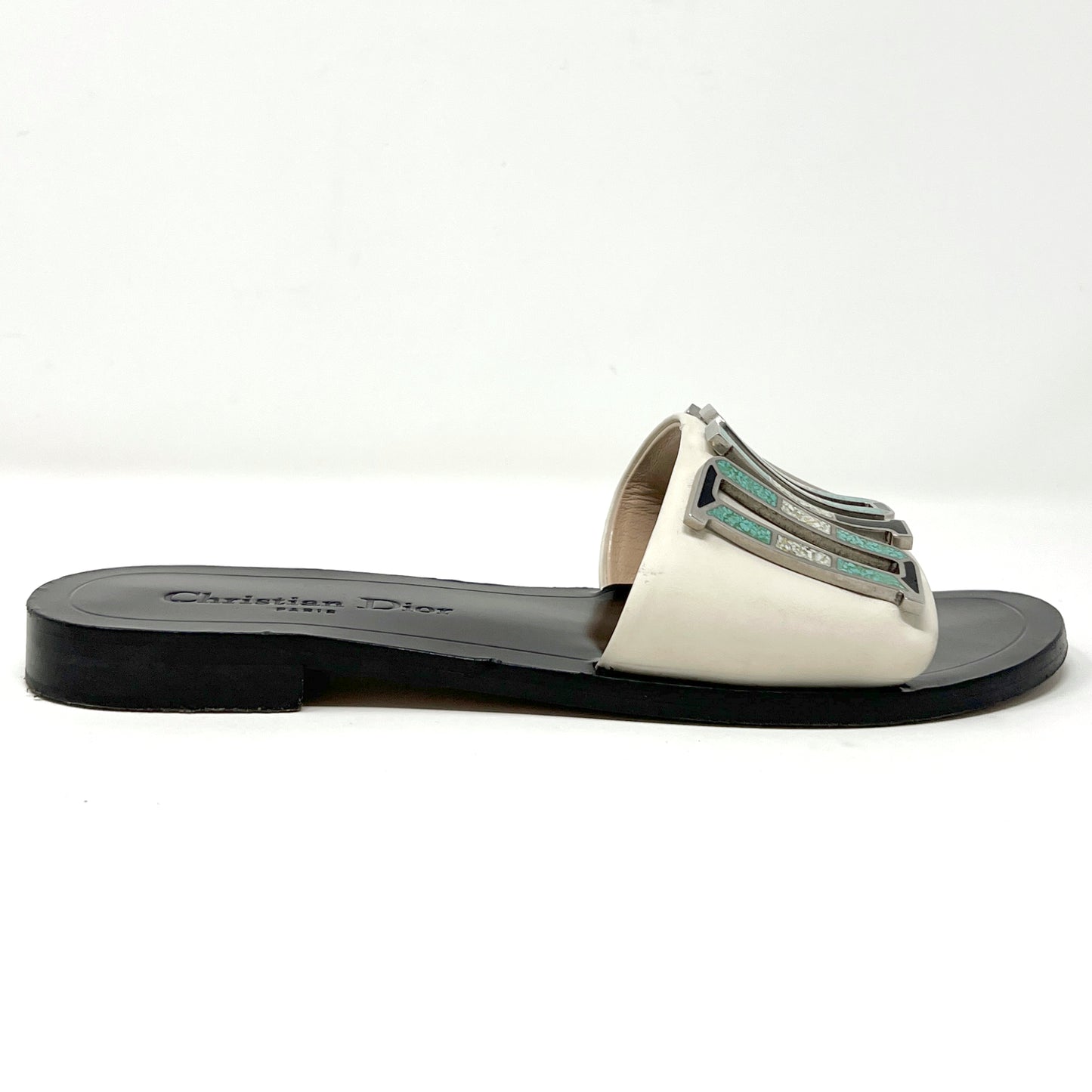 Dior Diorevolution Leather Turquoise Stone Logo Flat Sandals Size EU 36.5