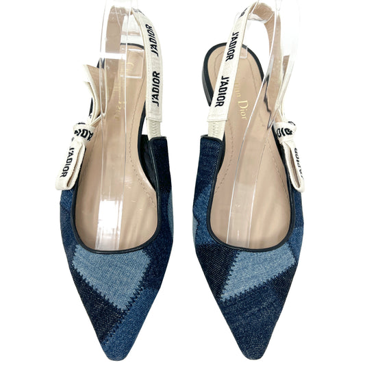 Dior J'Adior Blue Denim Patchwork Pointed Toe Logo Print Slingback Ballet Flats