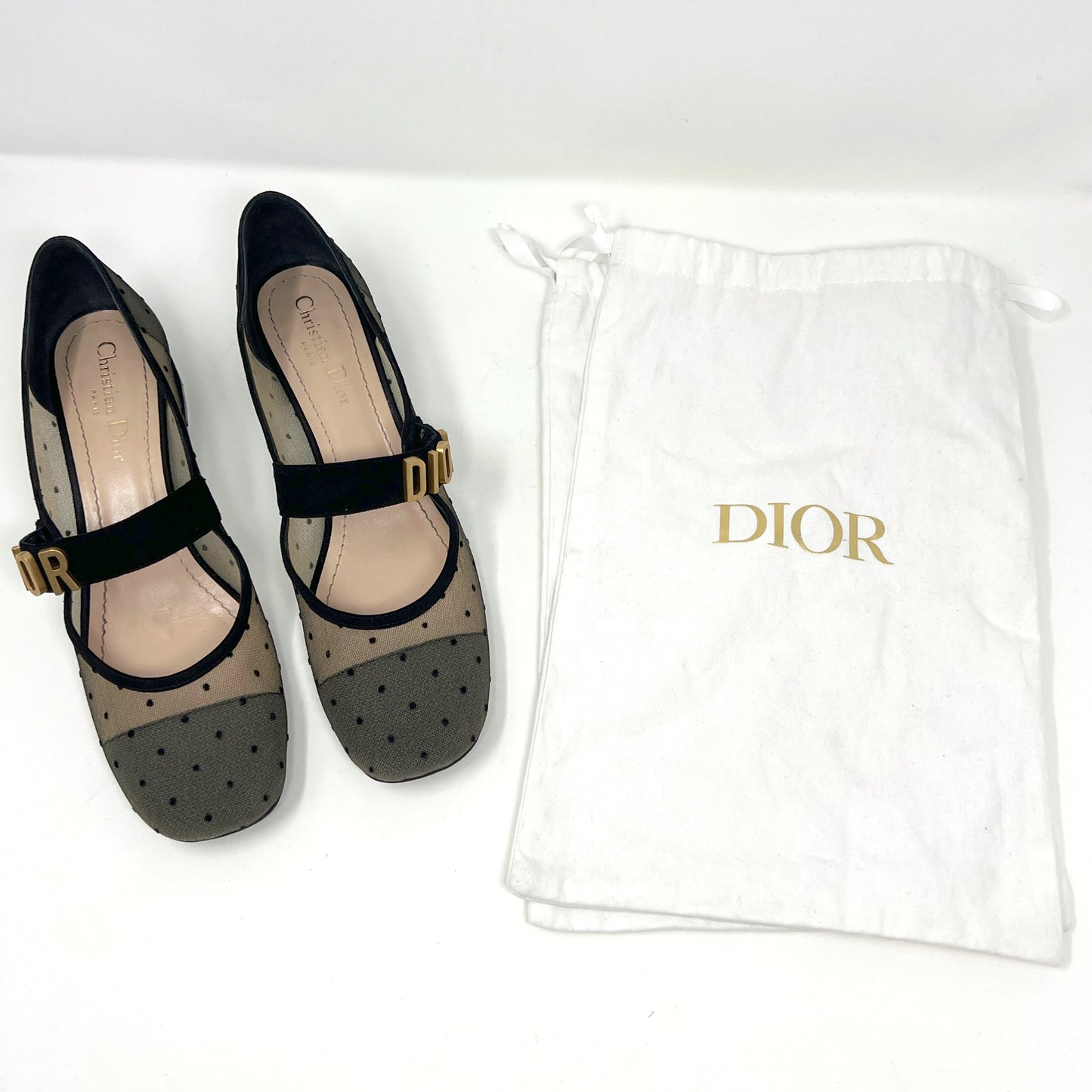 Dior Baby- D Polka Dot Mesh Black Suede Logo Mary Jane Block Heel Low Pumps Size EU 39.5