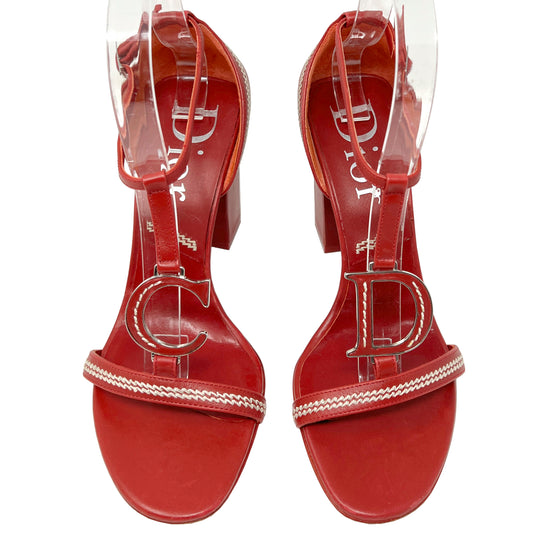 Dior Red Leather Letter Logo White Stitch Embroidered High Block Heels Sandals