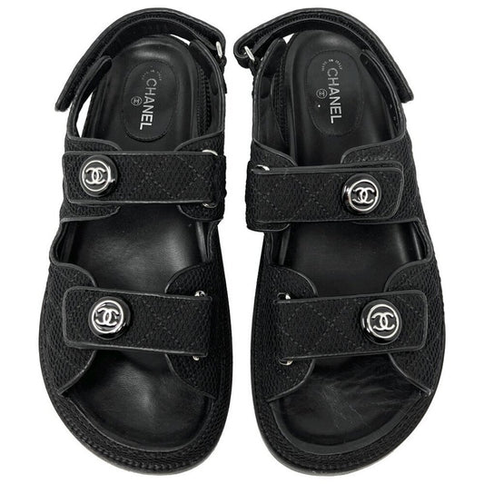 Chanel Black Quilted Textured Fabric Logo Flat Double Strap Dad Sandals