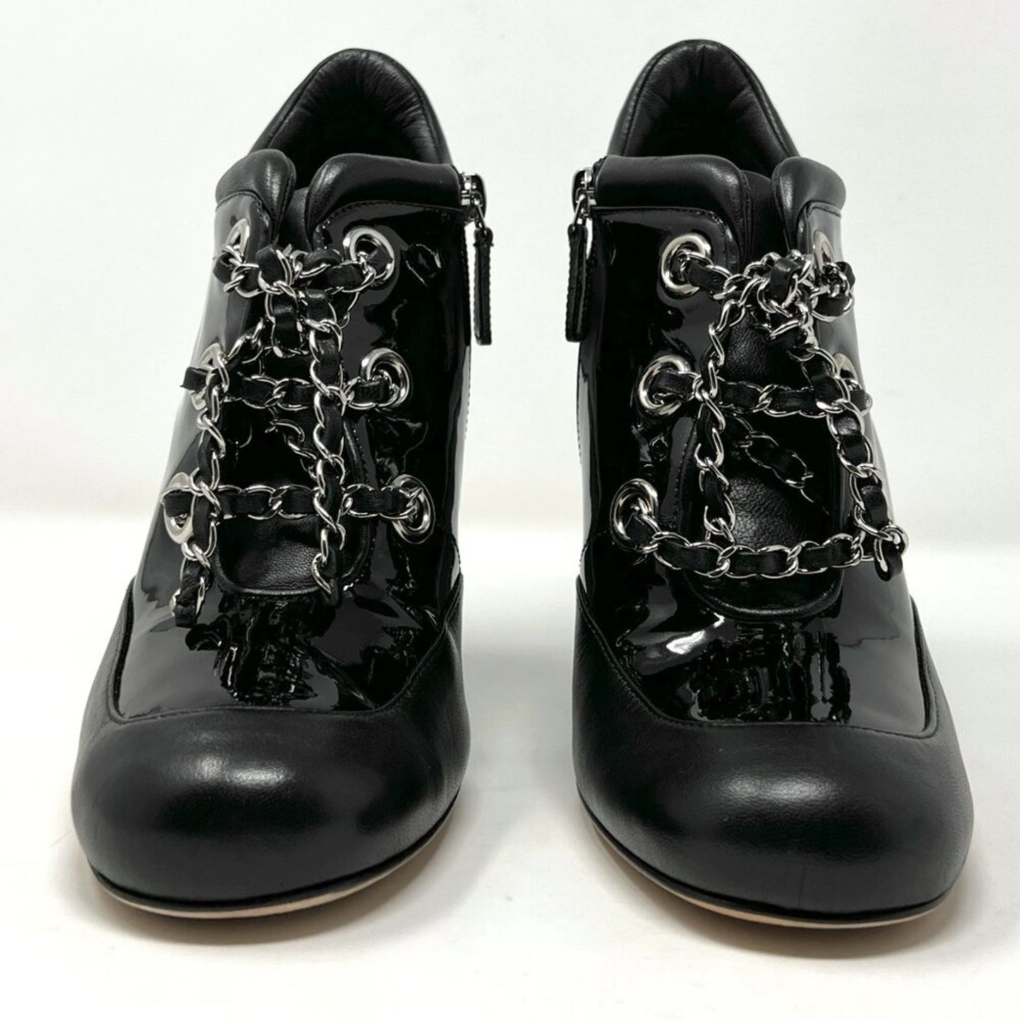 Chanel Black Patent Chain Wedge Booties – Spring 2014 Size 38.5