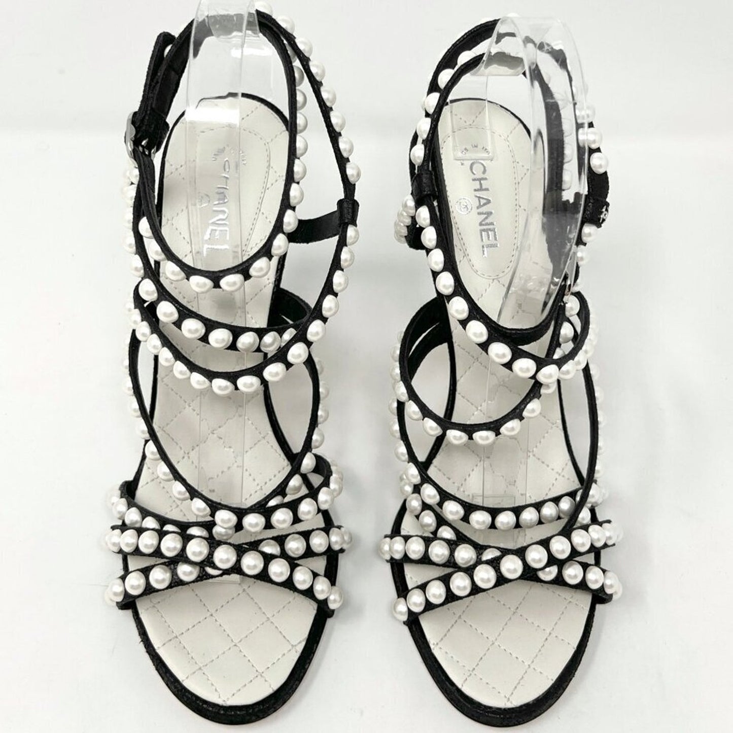 Chanel 18S Pearl Strappy Sandals Black Cracked Lambskin Heels Size 39 EU / 9 US