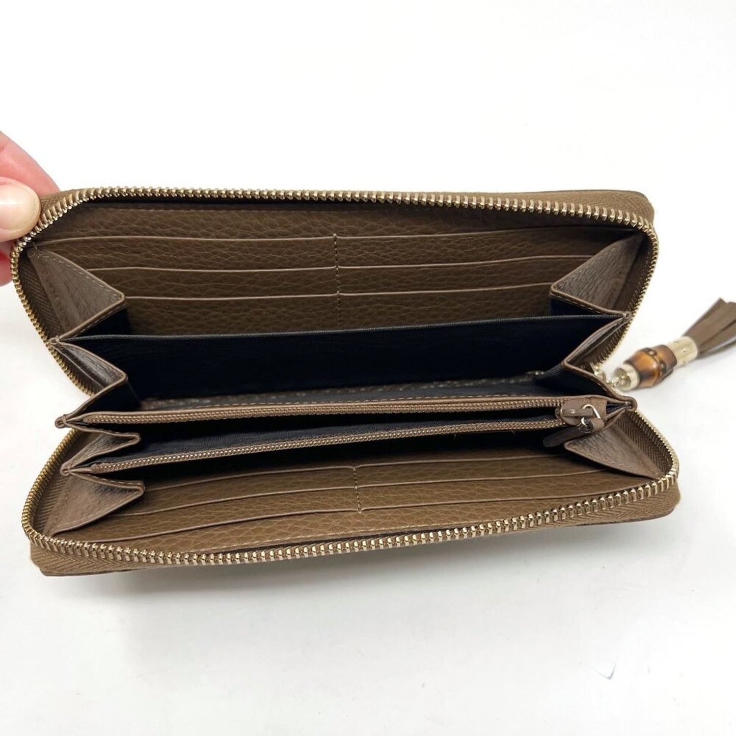Gucci Bamboo Tassel Zip Continental Wallet Brown Textured Leather Italy