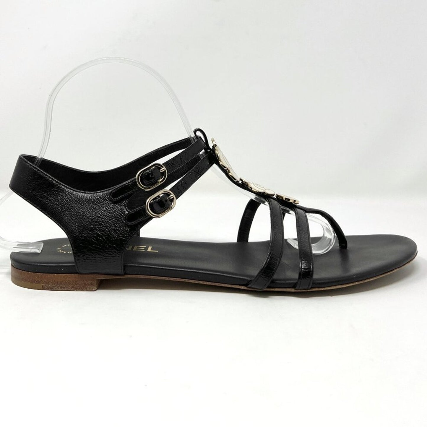 Chanel Black Leather Gladiator Strappy Enamel Flower Logo Flat Sandals