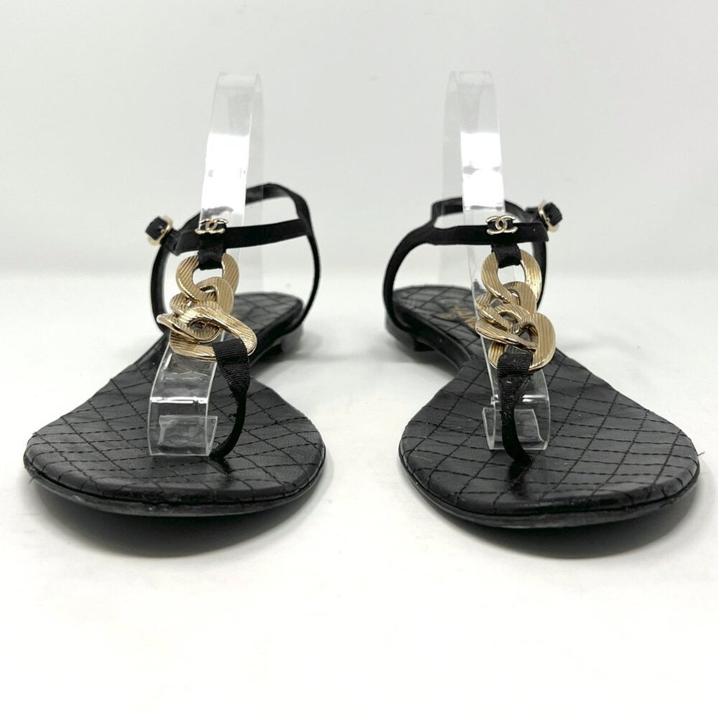 Chanel 09P Quilted Leather Gold Chain Thong Sandals Black Flat EU 38