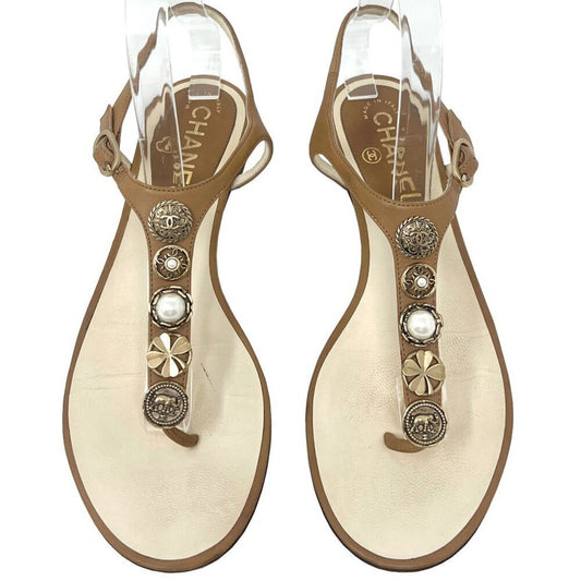 Chanel Tan Leather Logo Charm Embellished Thong Buckle Flat Sandals