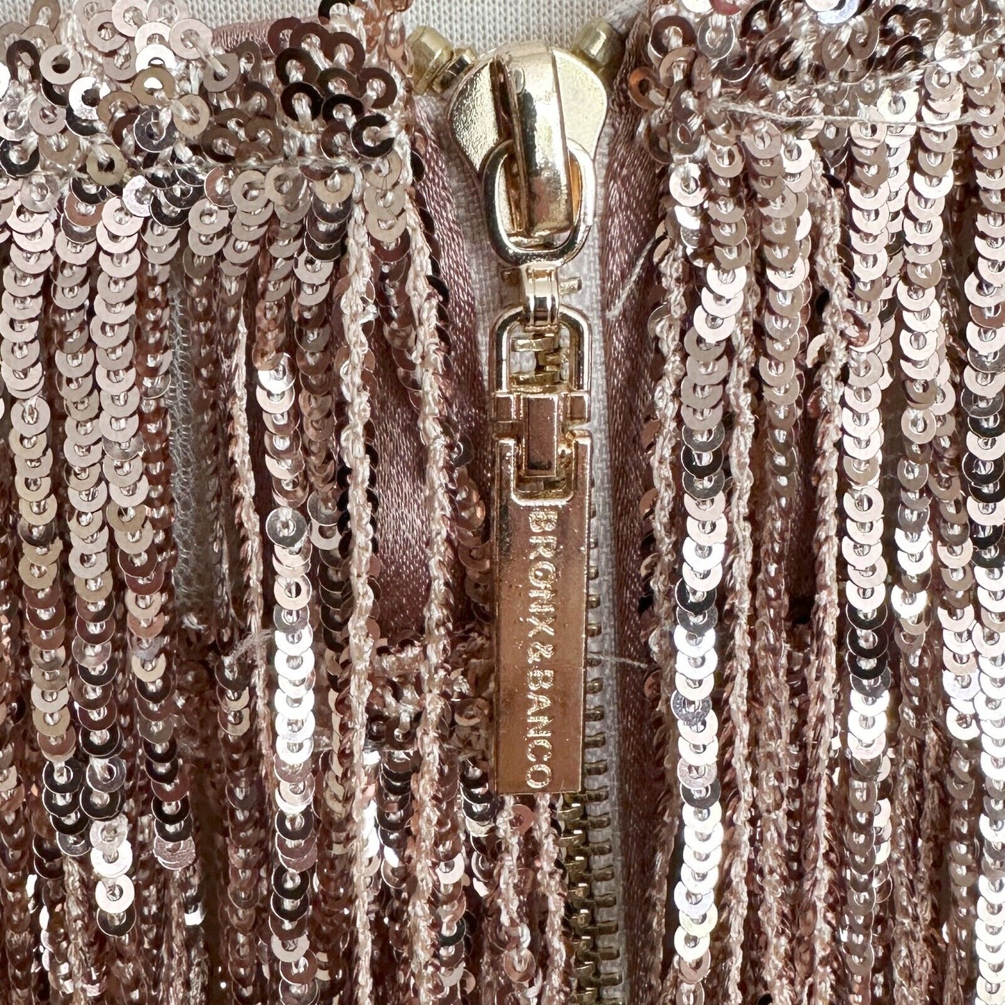 Bronx and Banco Isle Rose Gold Pink Sequin Fringe Metallic Mini Dress