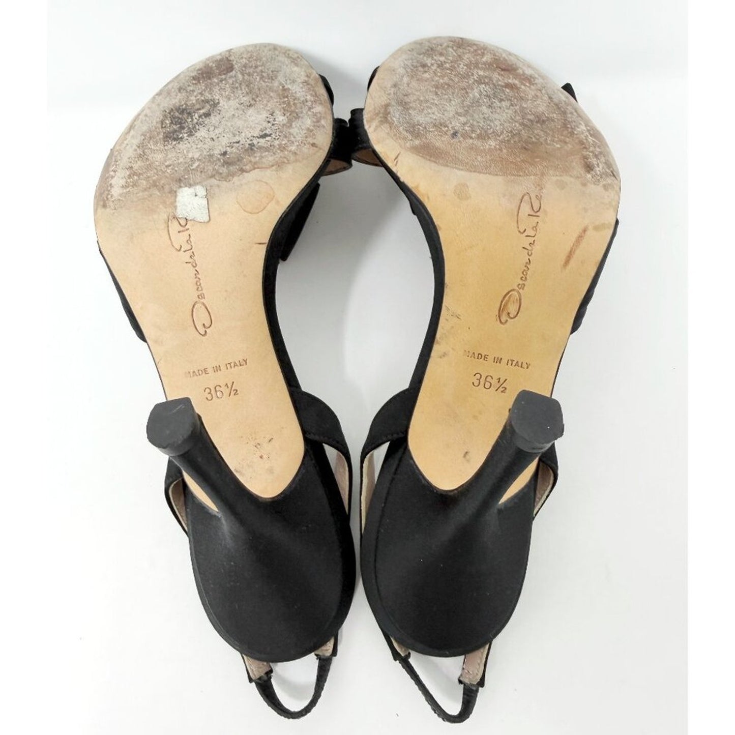 Oscar de la Renta Black Satin Crystal Bow Slingback Heels 36.5