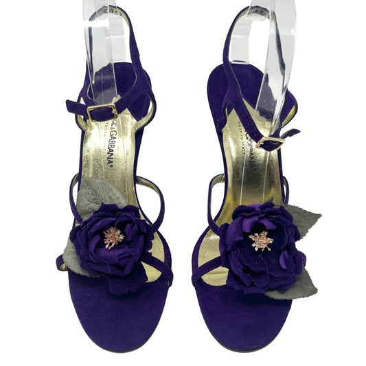 Vintage Y2K Dolce & Gabbana Suede Floral Ankle-Strap Heels Purple 37.5