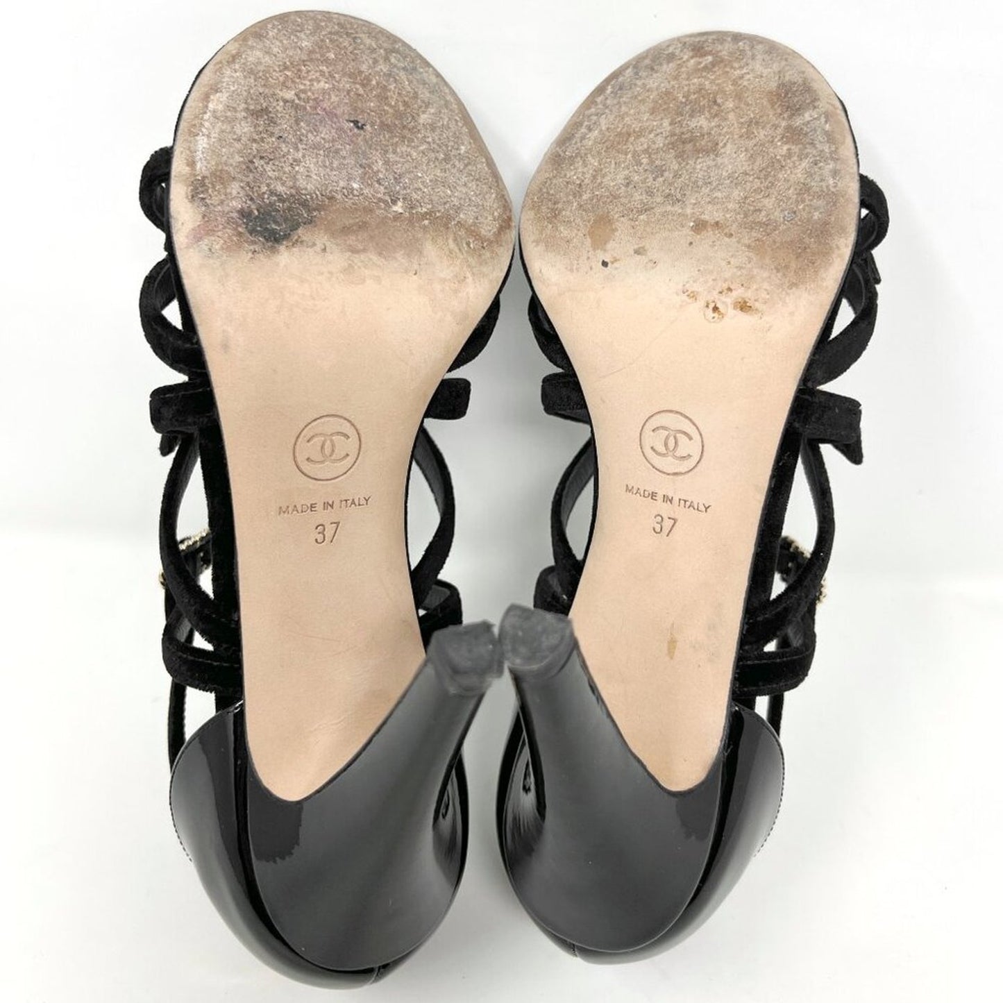 Chanel Black Velvet & Patent Leather Buckle Strappy Sandals – Size 37