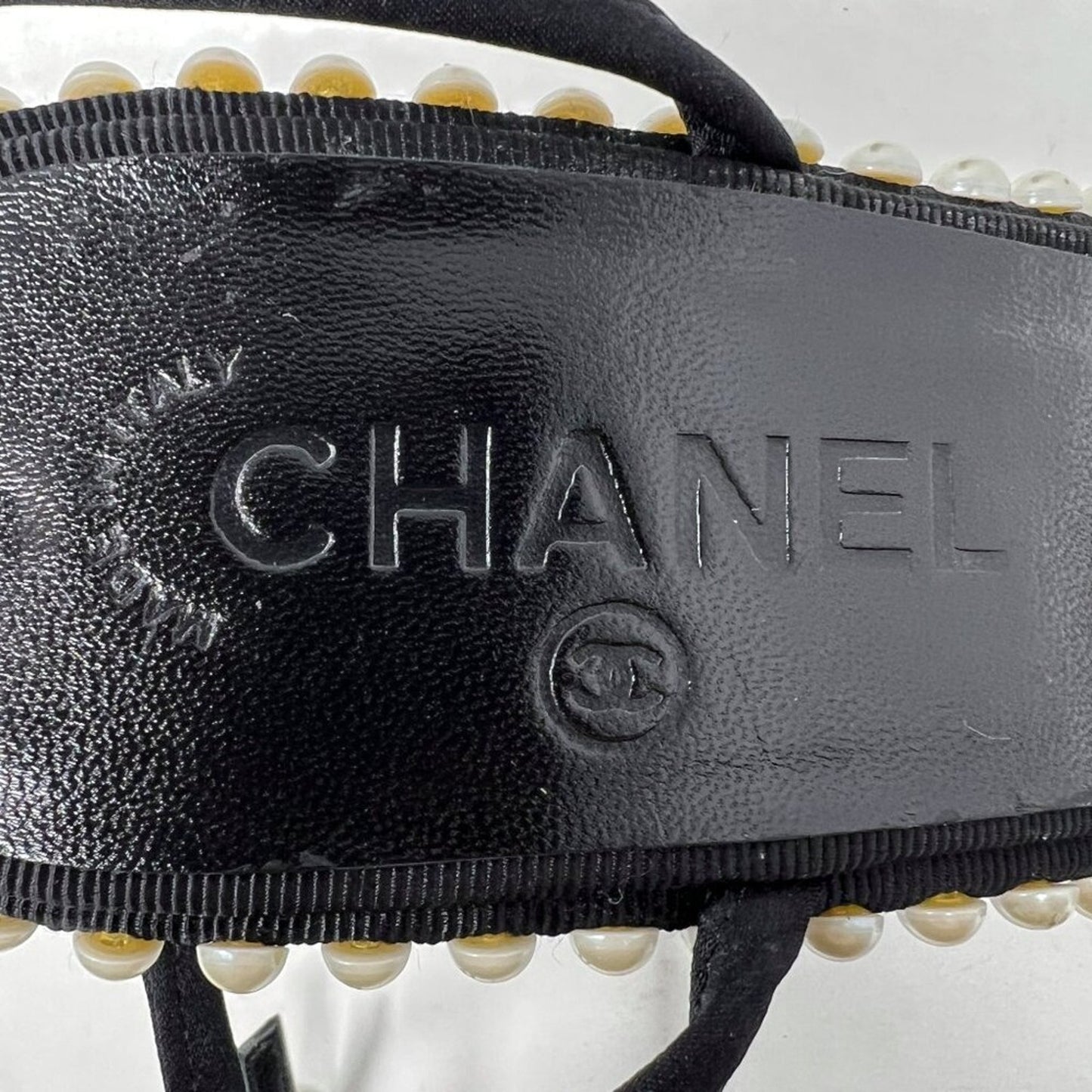 Chanel Vintage Black Satin Pearl-Lined Strappy Sandals – Size 38.5