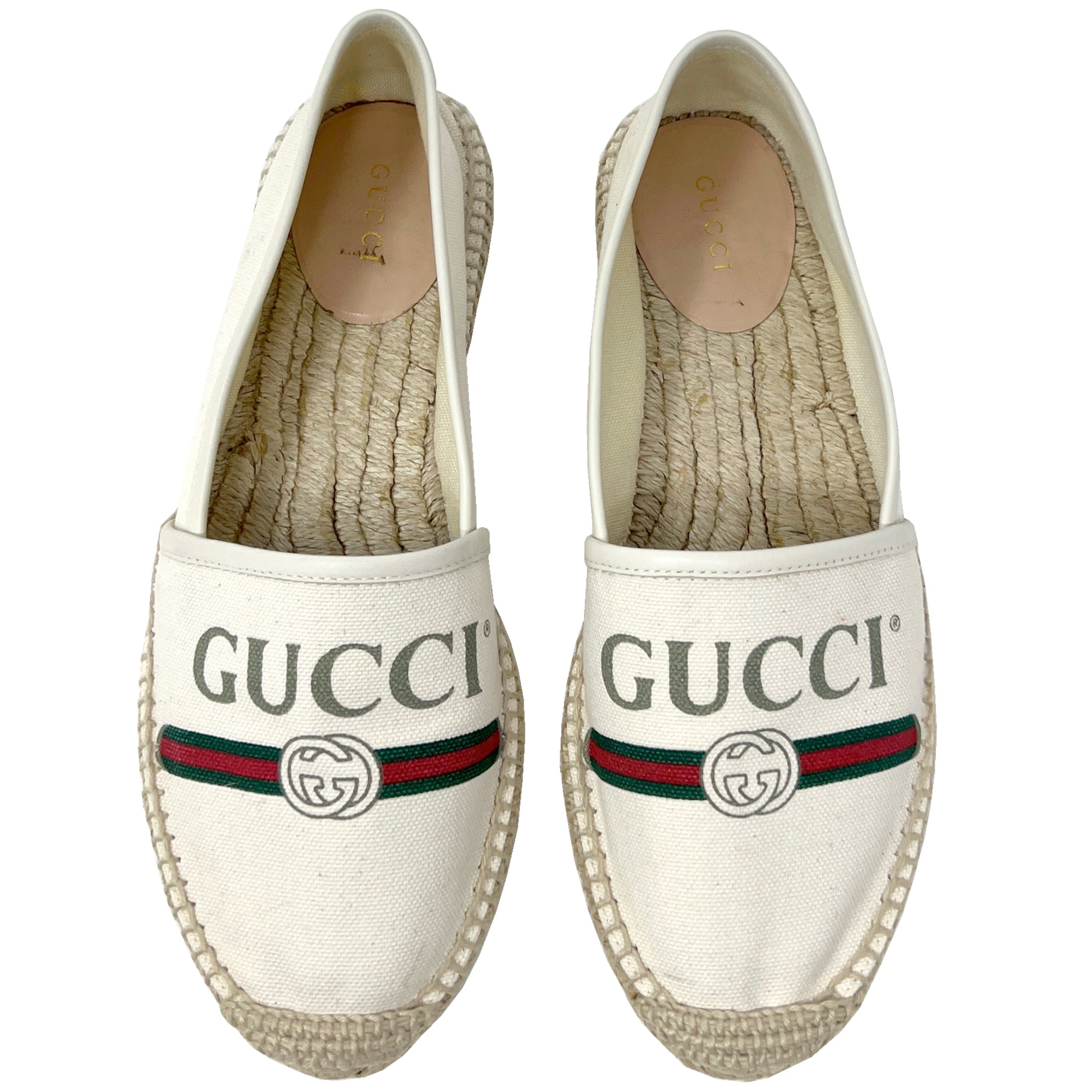 Gucci Logo Print Beige Canvas Leather Trim Espadrilles Flats