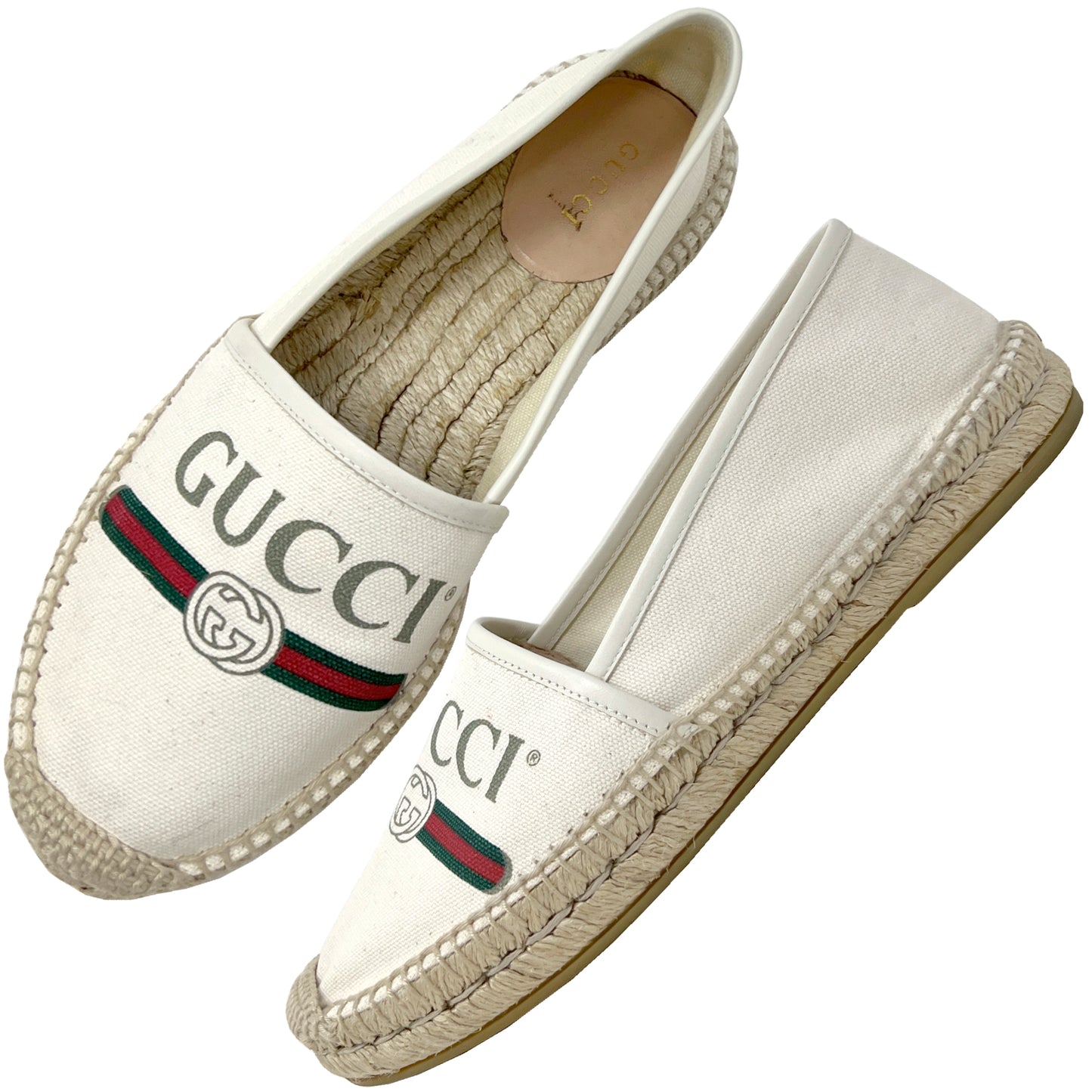 Gucci Logo Print Beige Canvas Leather Trim Espadrilles Flats