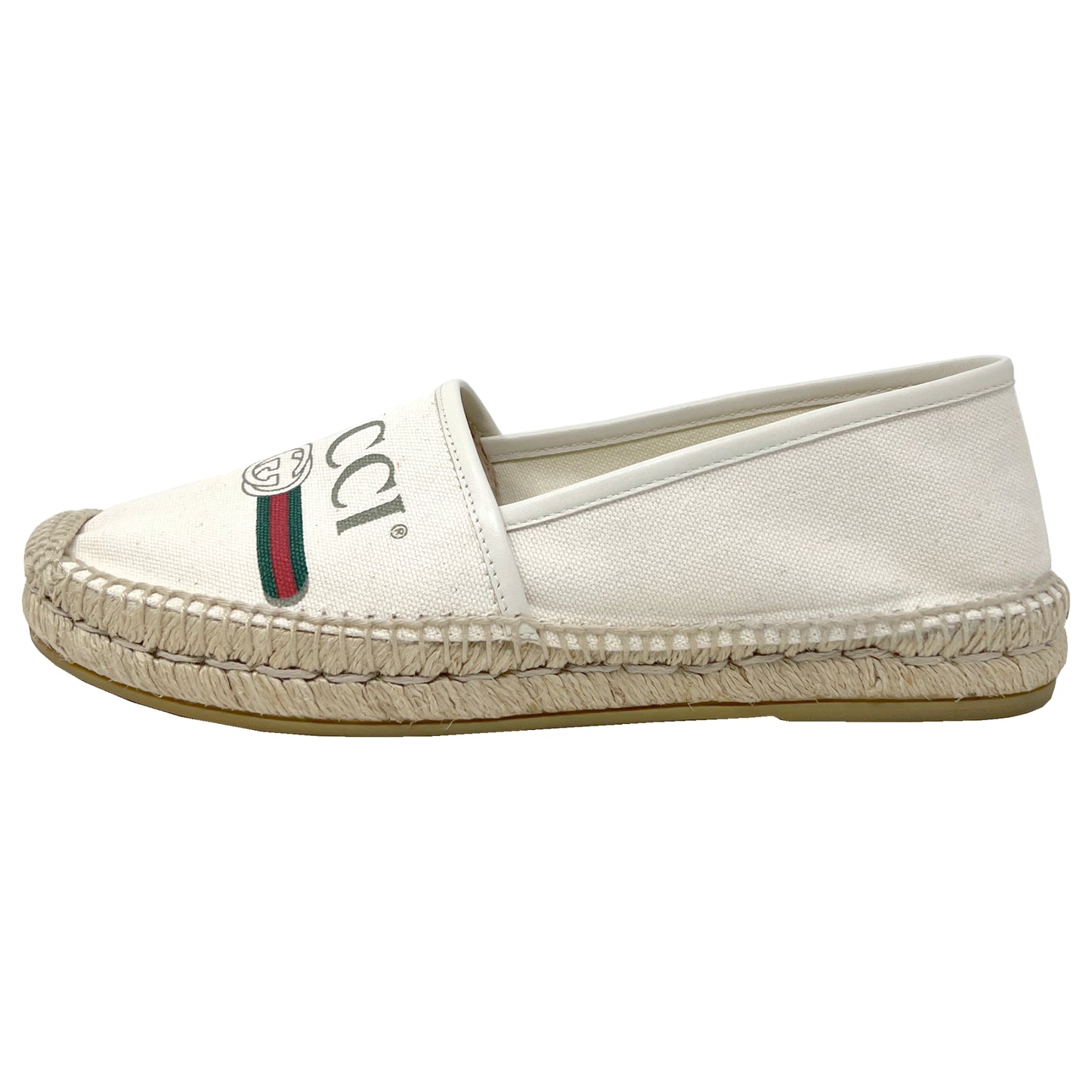 Gucci Logo Print Beige Canvas Leather Trim Espadrilles Flats