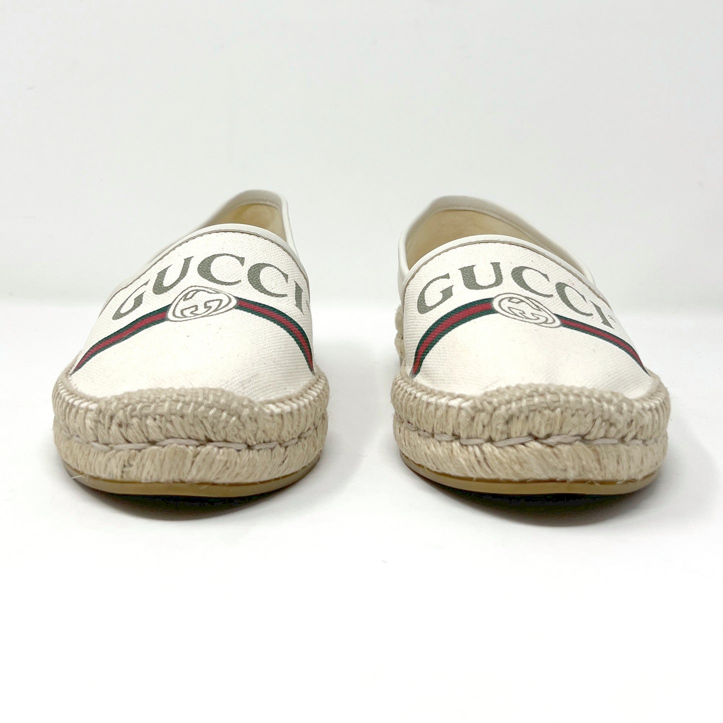 Gucci Logo Print Beige Canvas Leather Trim Espadrilles Flats Size EU 37.5