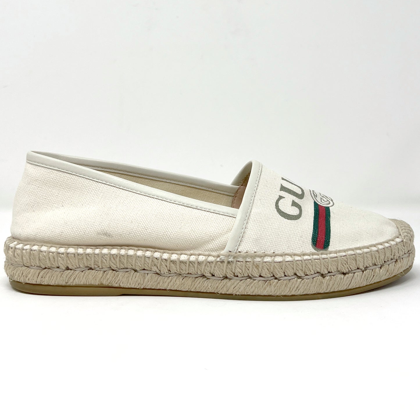 Gucci Logo Print Beige Canvas Leather Trim Espadrilles Flats Size EU 37.5