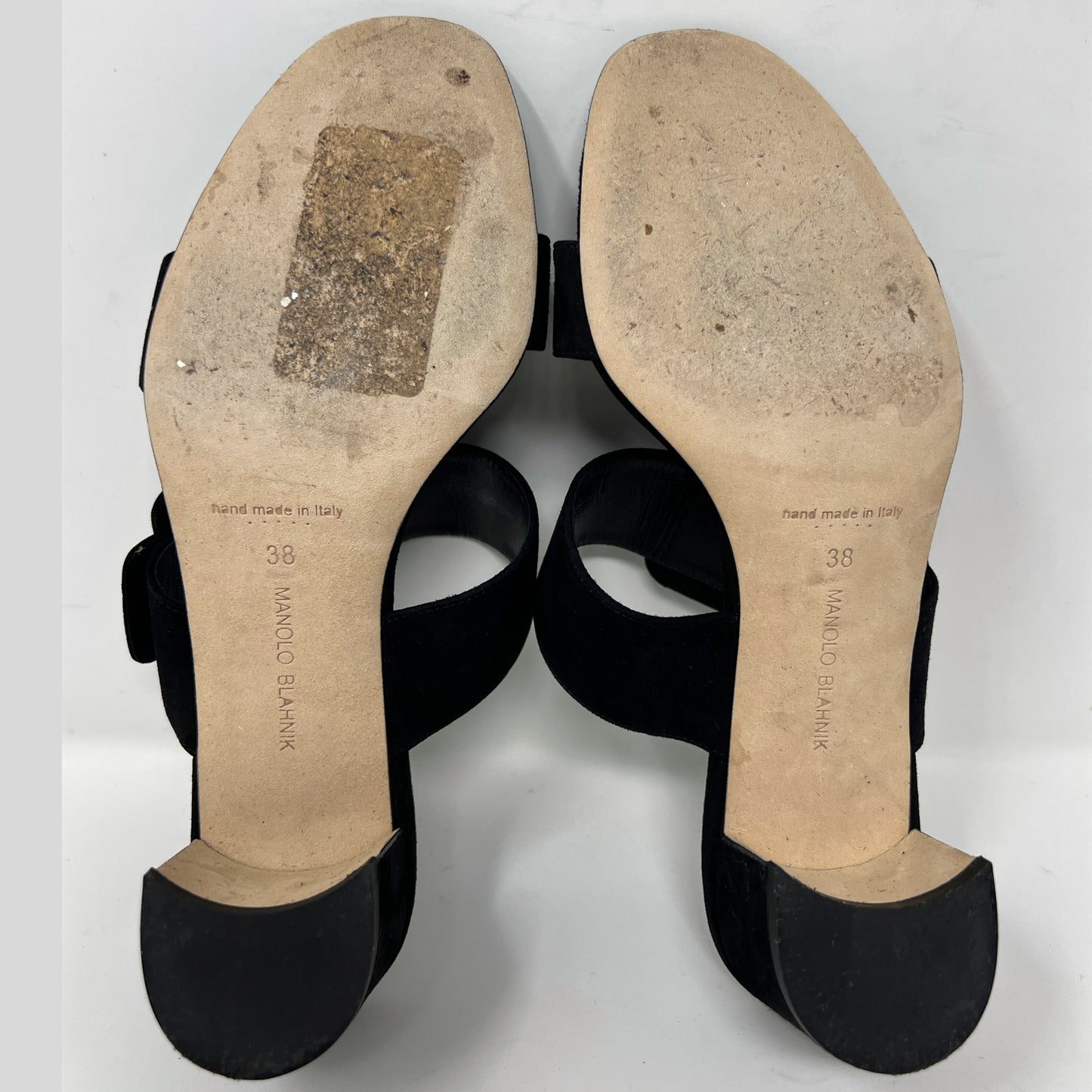 Manolo Blahnik Black Suede Titubanew Double Strap Buckle Block Heel Sandals Size EU 38