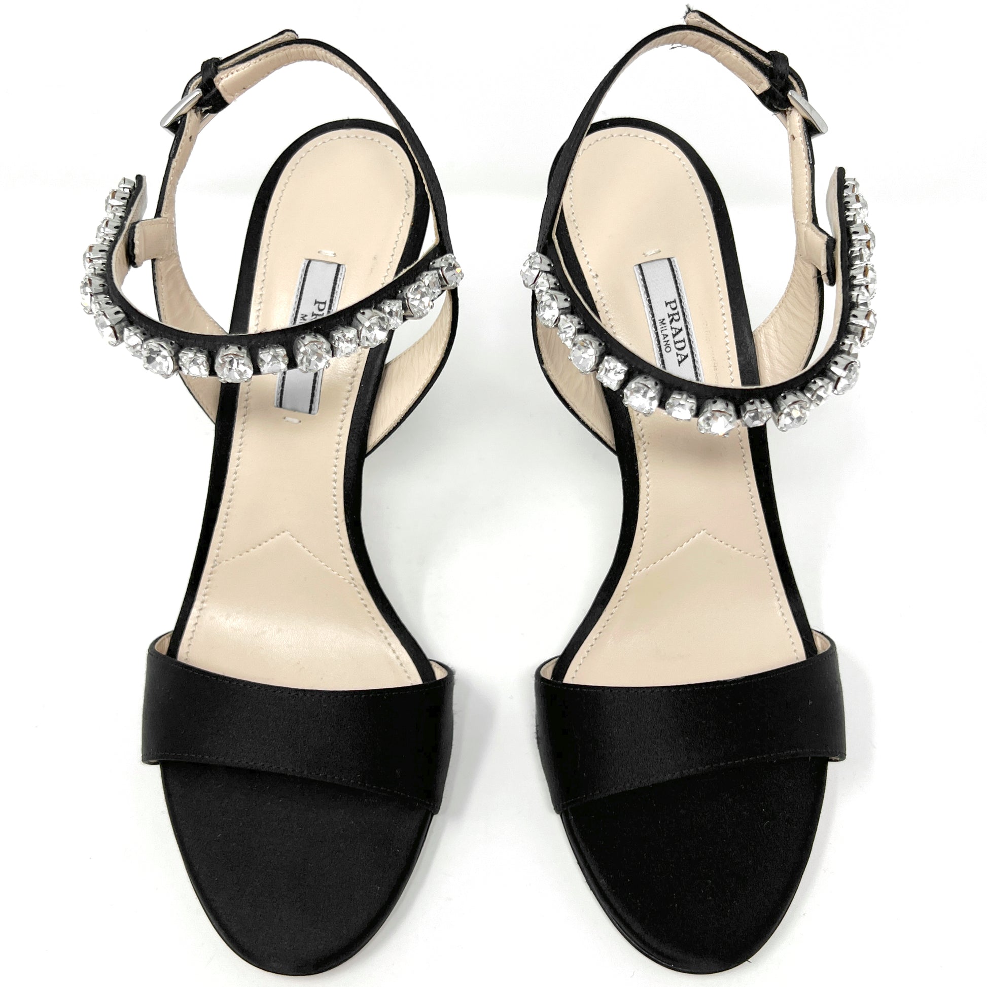 Prada Black Satin Crystal Embellished Strap Slingback High Heel Sandals