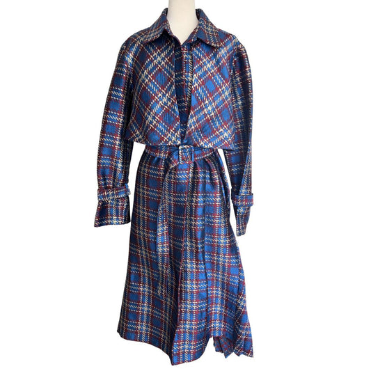 Silvia Tcherassi Donina Plaid Multicolor Pleated Back Long Trench Coat