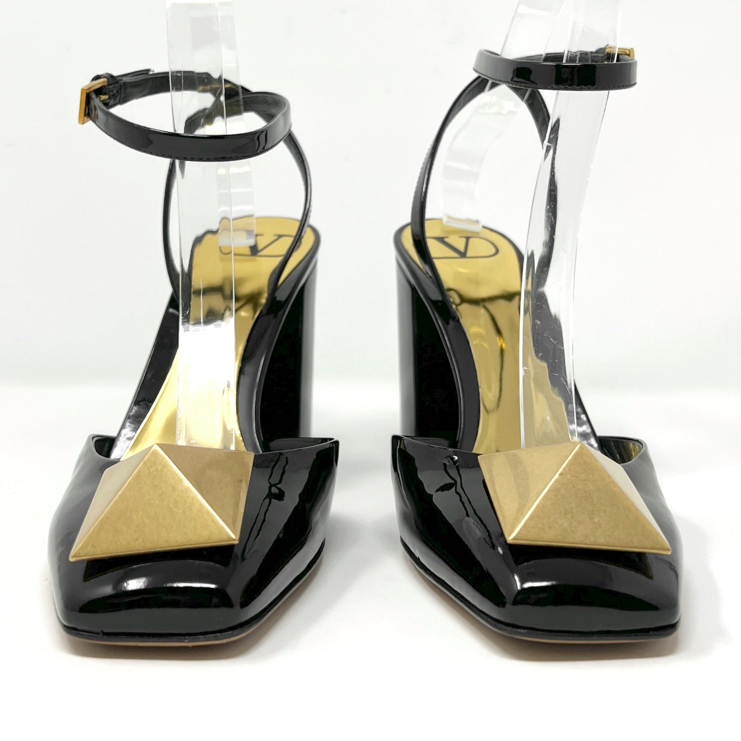 Valentino One Stud Black Patent Leather Block Heel Pumps Size EU 37.5