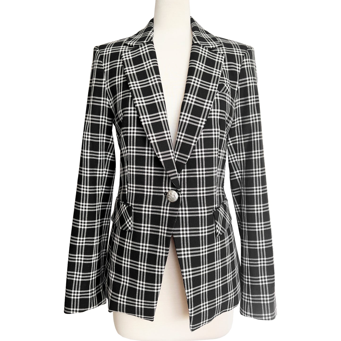 Veronica Beard Lyda Plaid Pattern Black White One Button Blazer Jacket