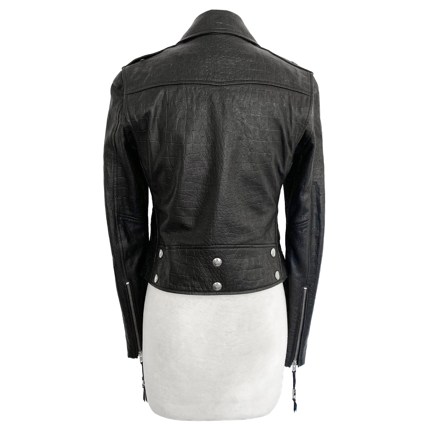 BLK DNM Black Embossed Calf Leather Motorcycle Belted Jacket Size S
