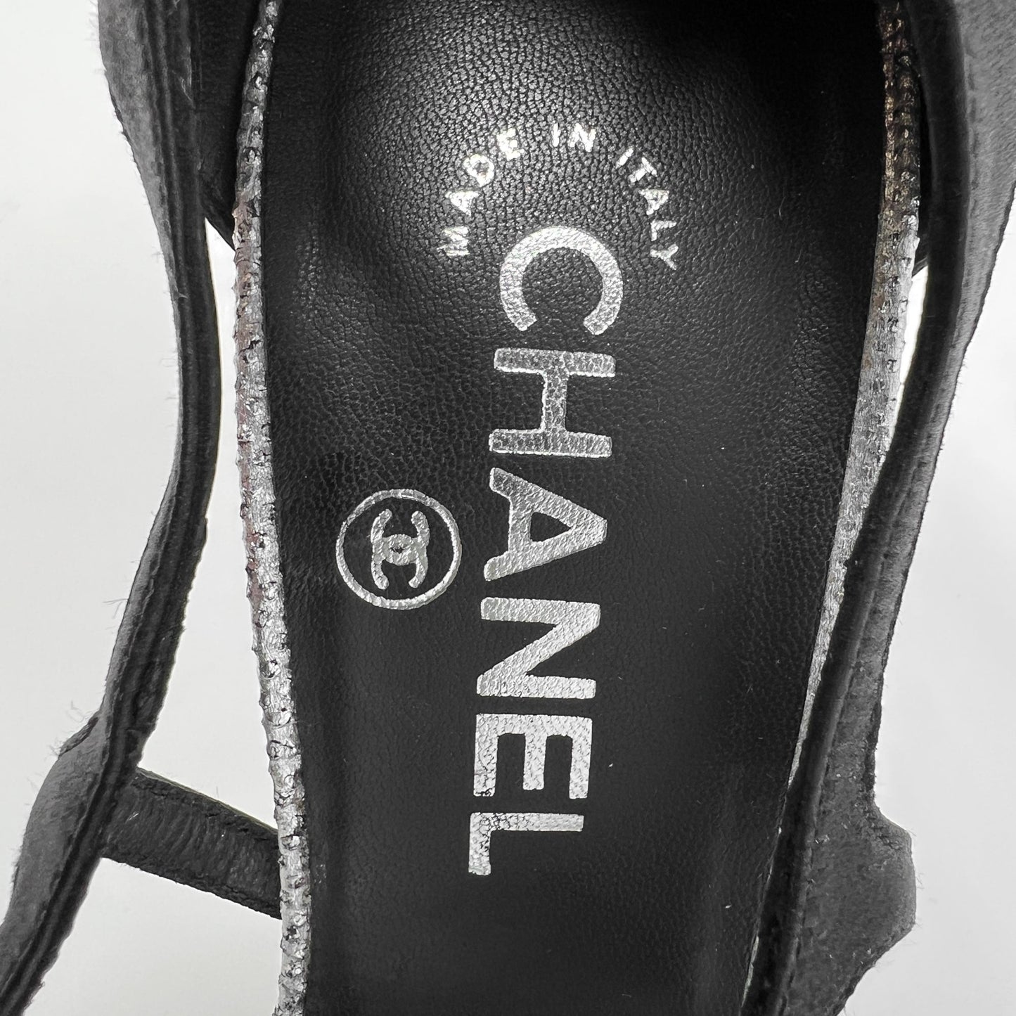Chanel 2009 Crystal Pearl Metal Camellia Black Satin Silver High Heel Sandals Size EU 39.5