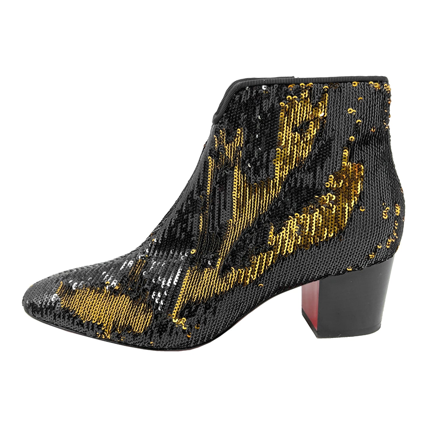 Christian Louboutin Disco Black Gold Sequins Paillettes Leather lined Block Heels Ankle Boots
