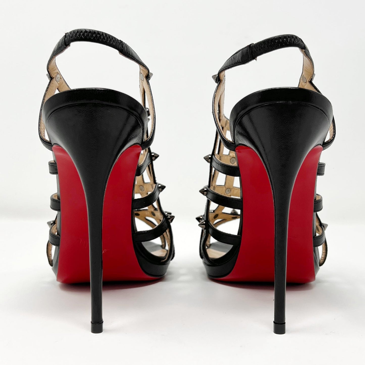 Christian Louboutin Guinievre Black Leather Strap Caged Studded Heels Sandals Size EU 38
