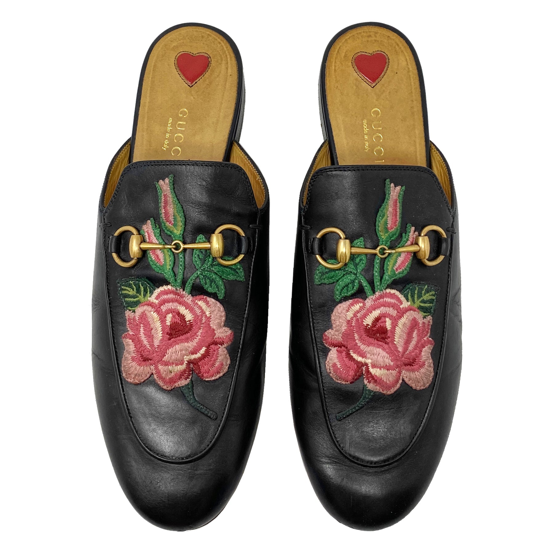 Gucci Princetown Horsebit Flower Embroidered Leather Loafer Mules 