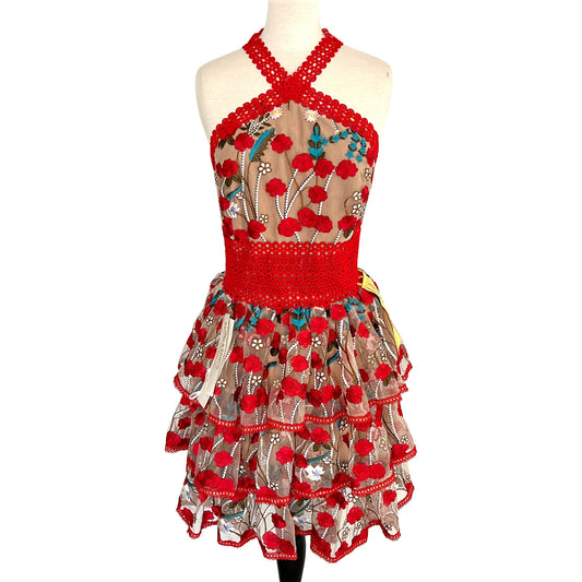 Bronx and Banco Red Ivanka Floral Embroidered Lace Trim Tiered Mini Dress