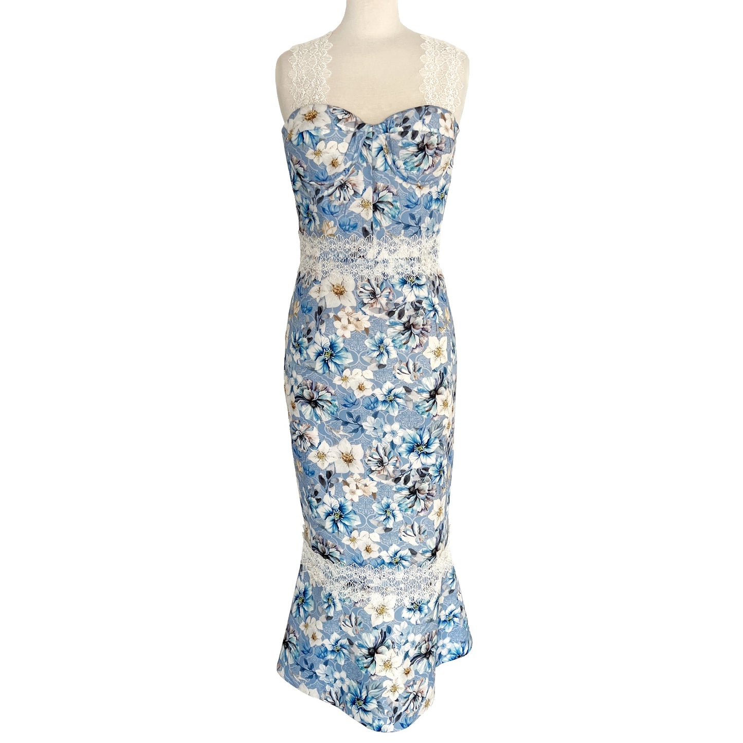 Bronx and Banco Yana Blue Floral Print Lace Trimmed Bustier Fitted Midi Dress