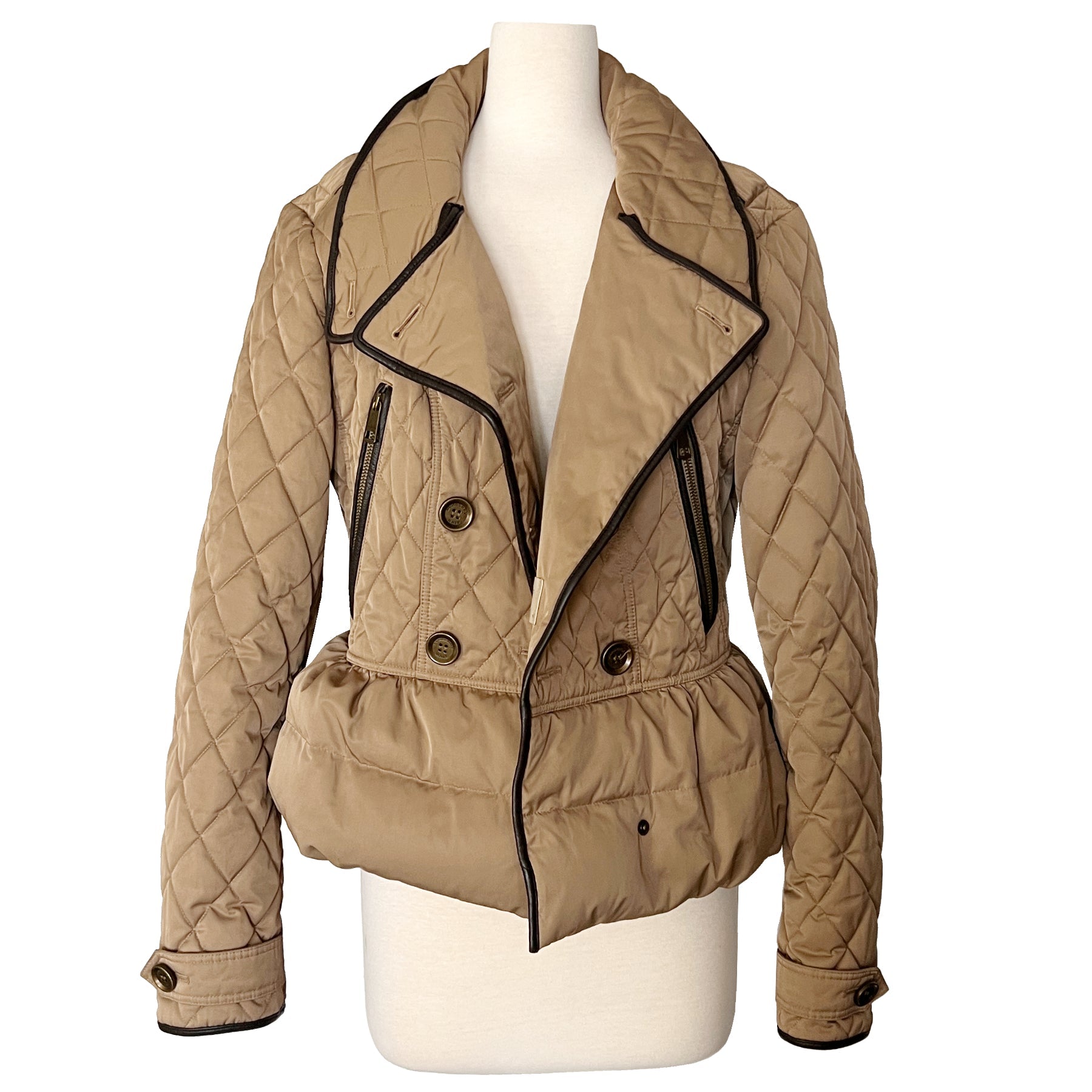 Burberry Brit Tan Khaki Leather Trim Quilted Puffer Double Breasted Jacket Coat