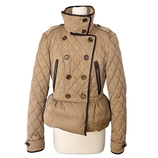 Burberry Brit Tan Khaki Leather Trim Quilted Puffer Double Breasted Jacket Coat