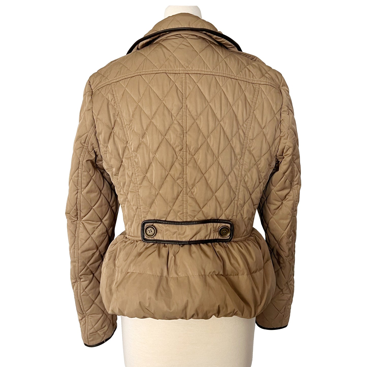 Burberry Brit Tan Khaki Leather Trim Quilted Puffer Double Breasted Jacket Size L