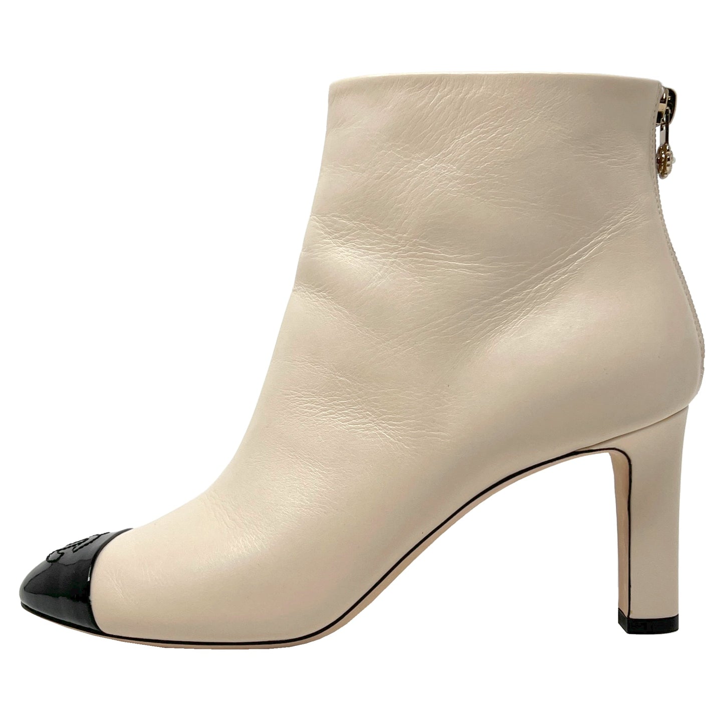 Chanel Beige Lamb Leather Black Patent Leather Cap Toe Logo Ankle Boots