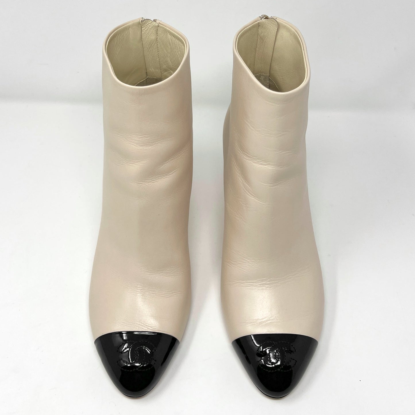 Chanel Beige Lamb Leather Black Patent Leather Cap Toe Logo Ankle Boots Size EU 38.5