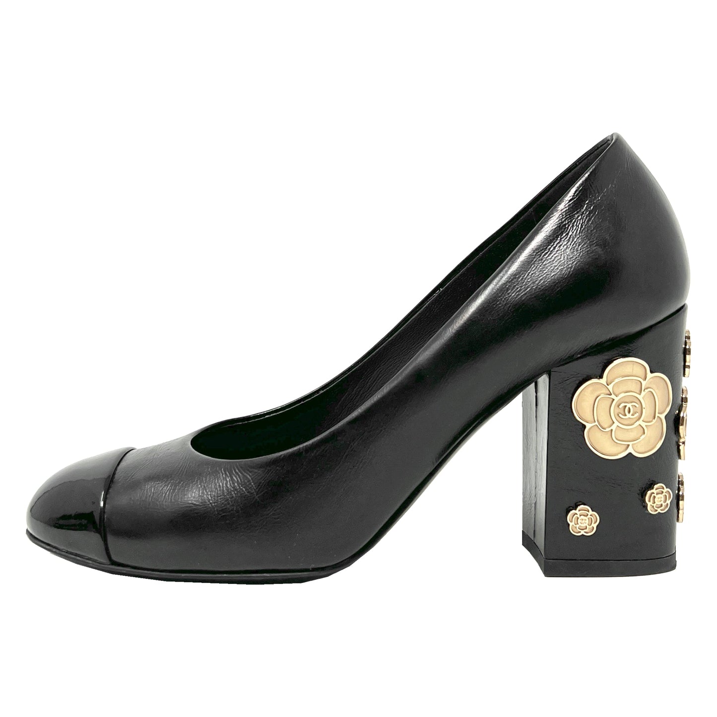 Chanel Black Leather Cap Toe Gold Flower Camellia Interlocking CC Logo Studded Block Heels Pumps
