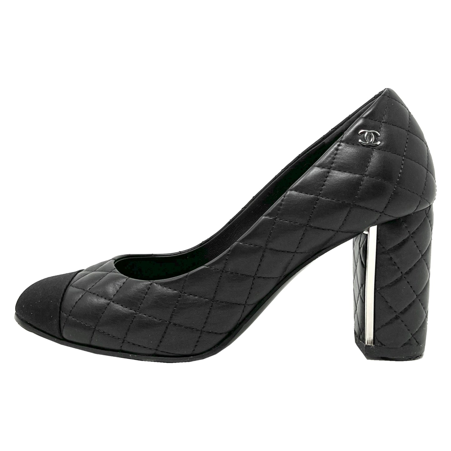 Chanel Black Matelasse Quilted Leather Cap Toe CC Logo Block Heels Pumps